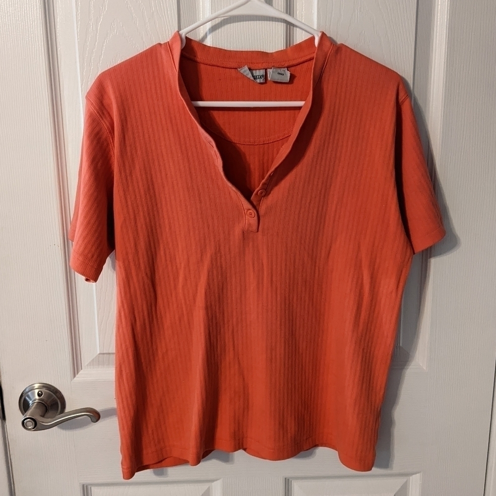 Retro Ribbed Orange 1/4 Button Short Sleeve Top from Cabin Creek Size Medium